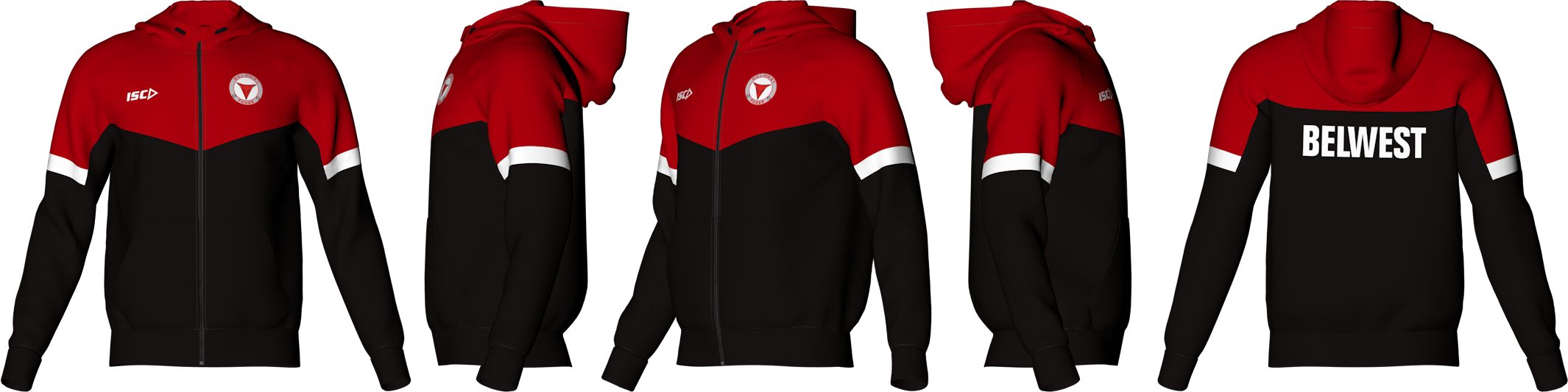 New Belwest hoodie front, side and back views